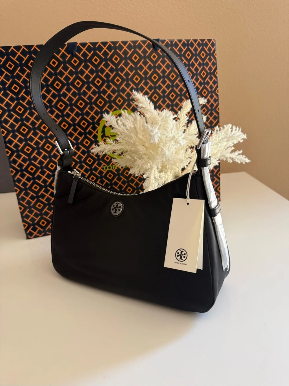 NWT , TORY BURCH NYLON SMALL ZIP TOP SHOULDER BAG black